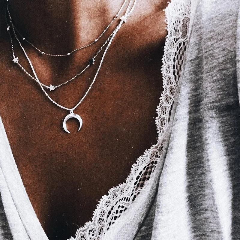 

Fashion star Choker Necklace Alloy Horn Crescent Layered Pendant Necklace Summer beach accessories