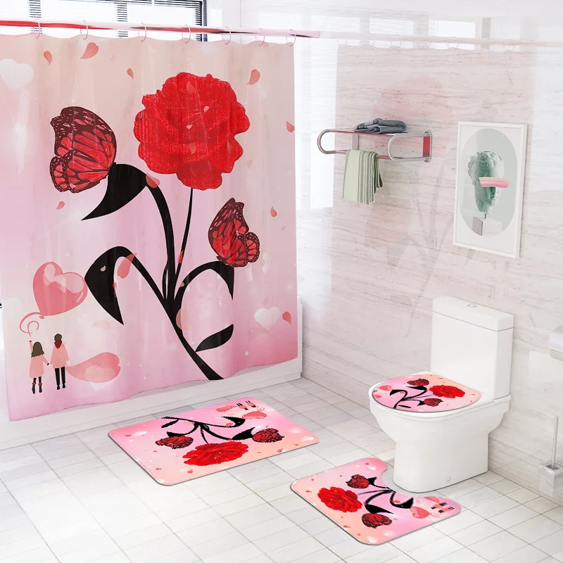 

Modern Shower Carpet Printed Rose Bath Mat Set and Shower Curtain Bath Room Rugs Anti Slip WC Carpets Water Absorbent Mats