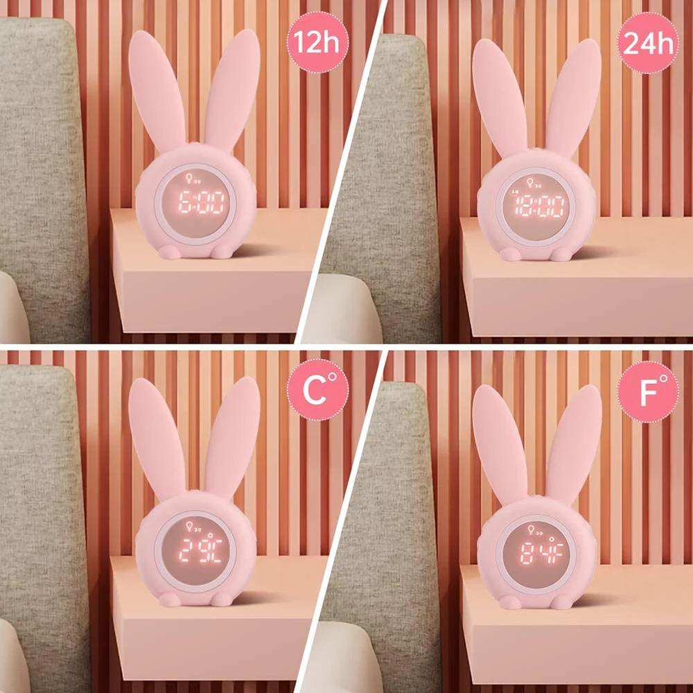 

LED Digital Alarm Clock Cartoon Bunny Kids Alarm Clock with 6 Voices Control Sleep Timer Desk Alarm Clock Home Decoration