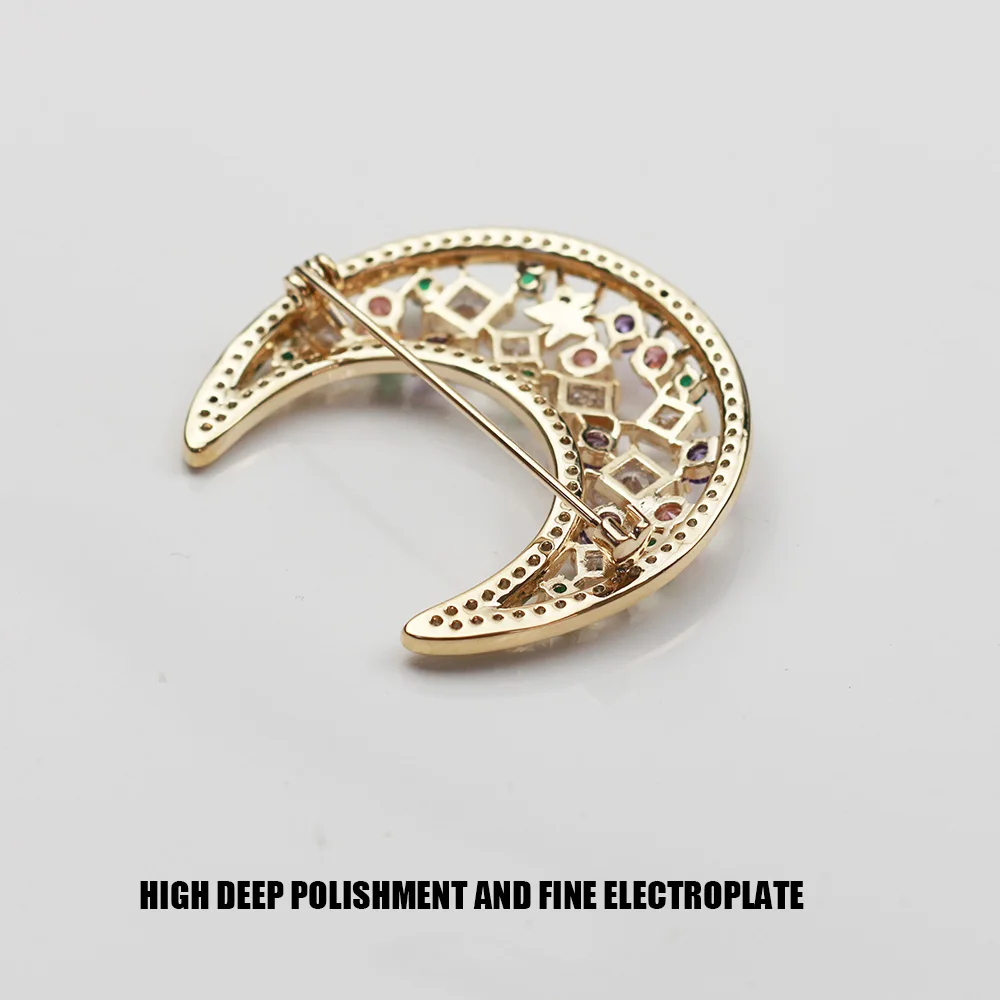 Женская брошка с инкрустированным фианитом в виде Луны|Броши| |