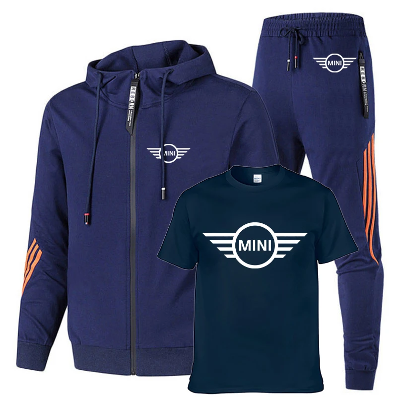 

Men's suits MINI car logo Printing Fashion Solid color high quality cotton stripe trend Men's sweatshirt+T-shirt+sports pants