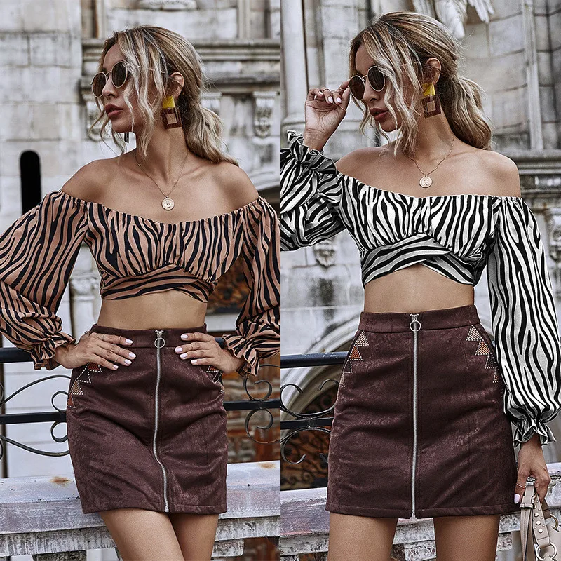 

Sexy Autumn 2020 Women T-shirts Fashion Striped Lantern Sleeves Off Shoulder Slim Tops Women
