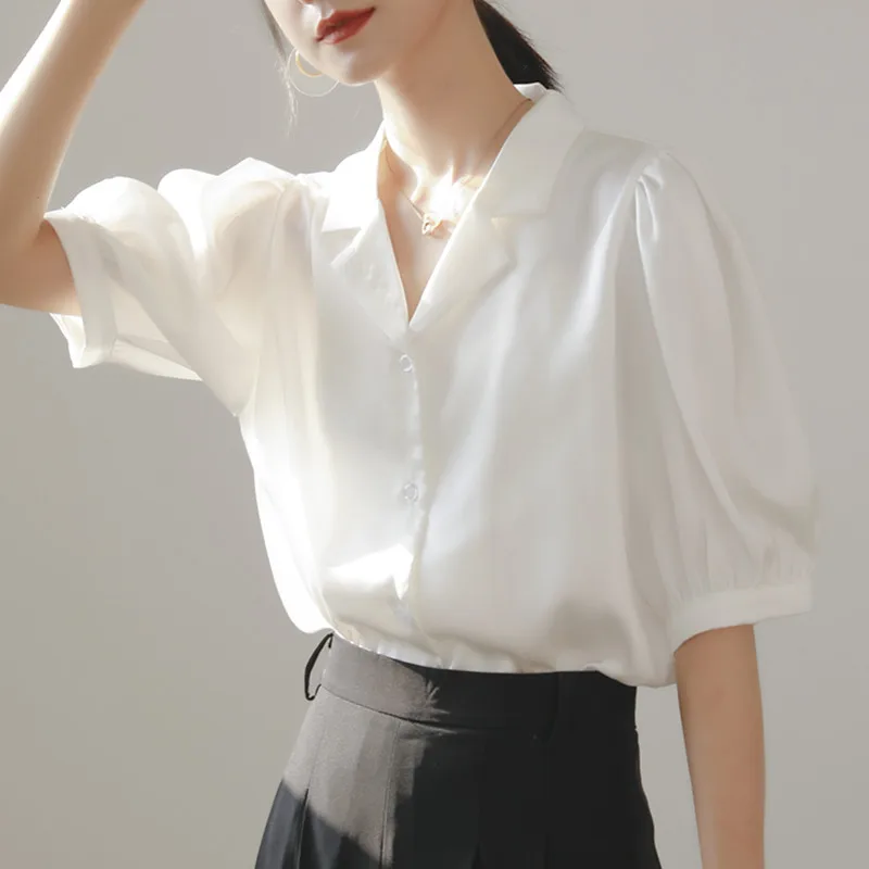 

shirt female new short sleeve hubble-bubble sleeve summer coat design feeling niche modern occupation v-neck shirt