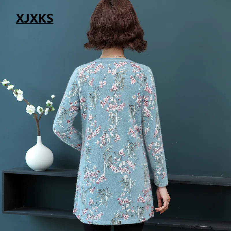 XJXKS Exquisite printed women long sweater pullover 2019 autumn winter new loose plus size mink cashmere knitted dress | Женская одежда