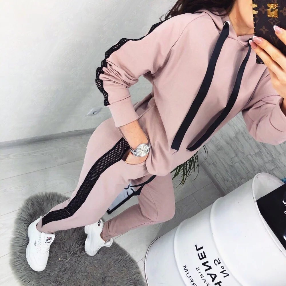 

Fashion Women's Suit Spring Casual Hooded Collar Pullover Solid Color Stitching Regular Trousers Sports Two-piece Suit Donsignet