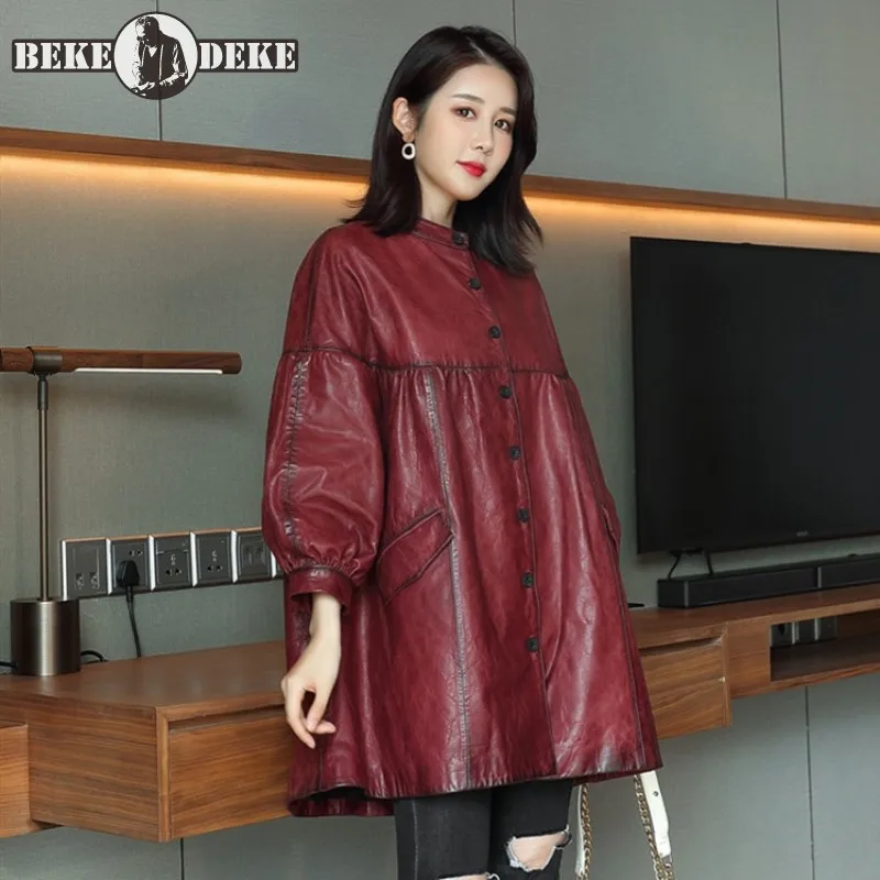 

Designer Genuine Leather Long Coat OL Ladies O Neck Single Breasted Loose Real Sheepskin Jacket New High Quality Womens Overcoat