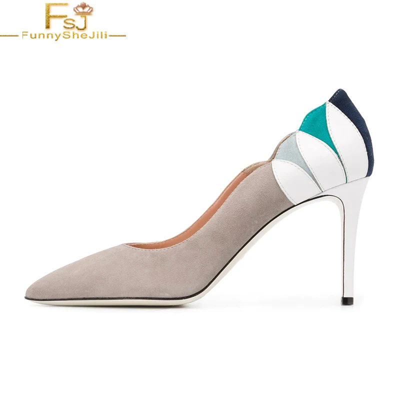

FSJ Grey Flock Patchwork Stiletto Heel Women Pumps Leaves Pointed Toe Slip on Mix Color Ladies Date Career Shoes 2021 Autumn