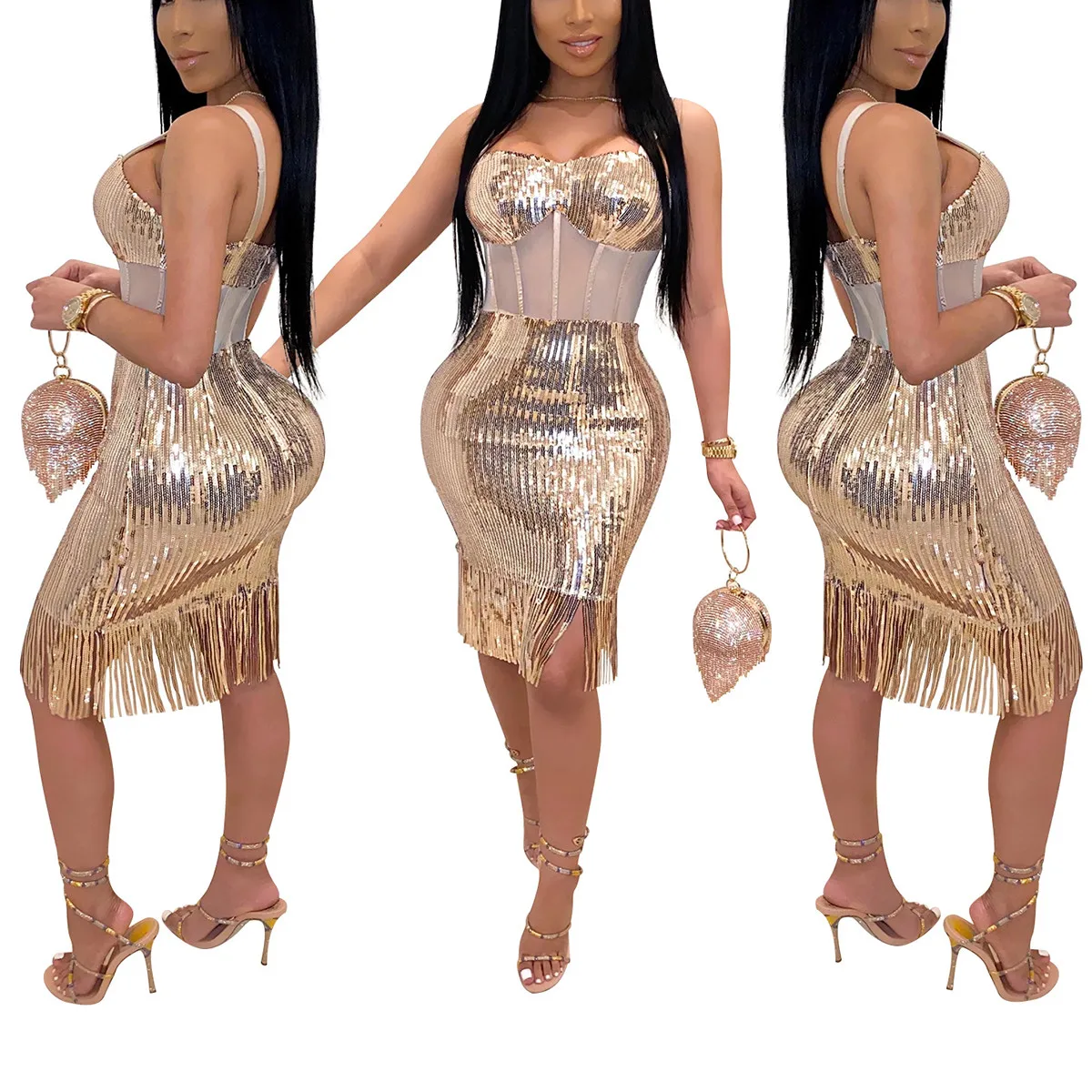 

Женское платье с блестками, облегающее Сетчатое платье без рукавов, с вырезами на талии, для ночного клуба, блестящая кисточка