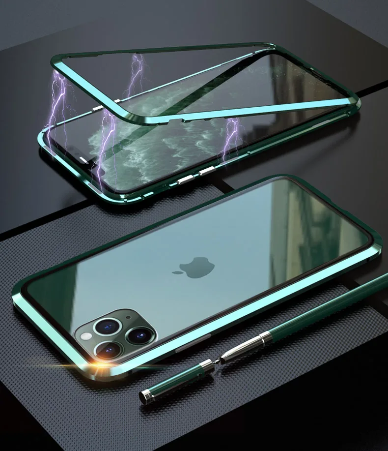 Металлический магнитный адсорбционный чехол для iphone 11, чехол из закаленного стекла для iphone 11 pro max, Новые Чехлы, бампер, чехол