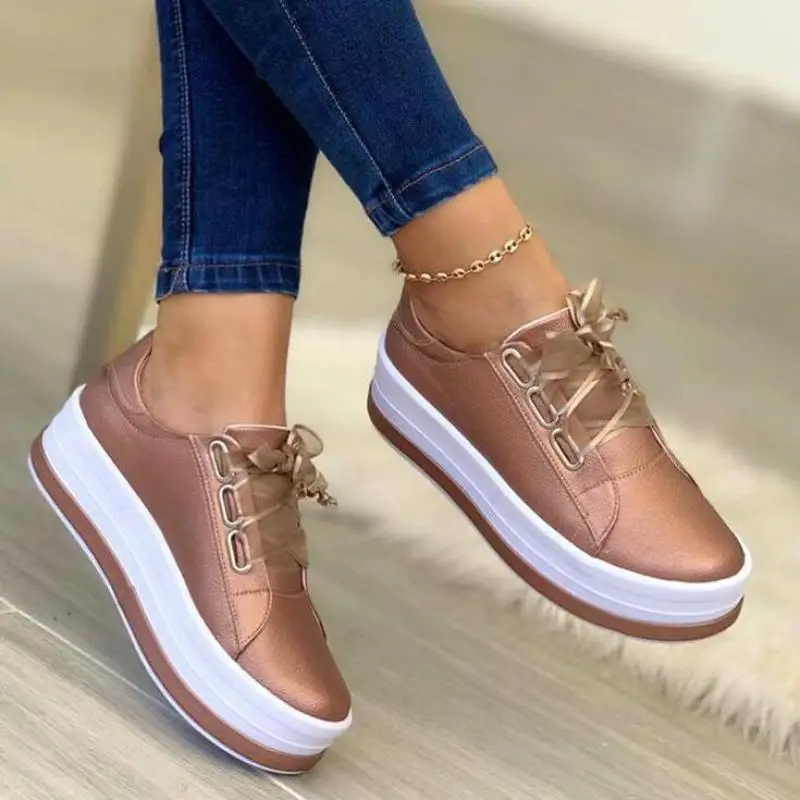 

2021 Autumn New Sports Leisure Bottom Round Toe Comfortable And Versatile Lace-up Platform Shallow Mouth Sneakers Women