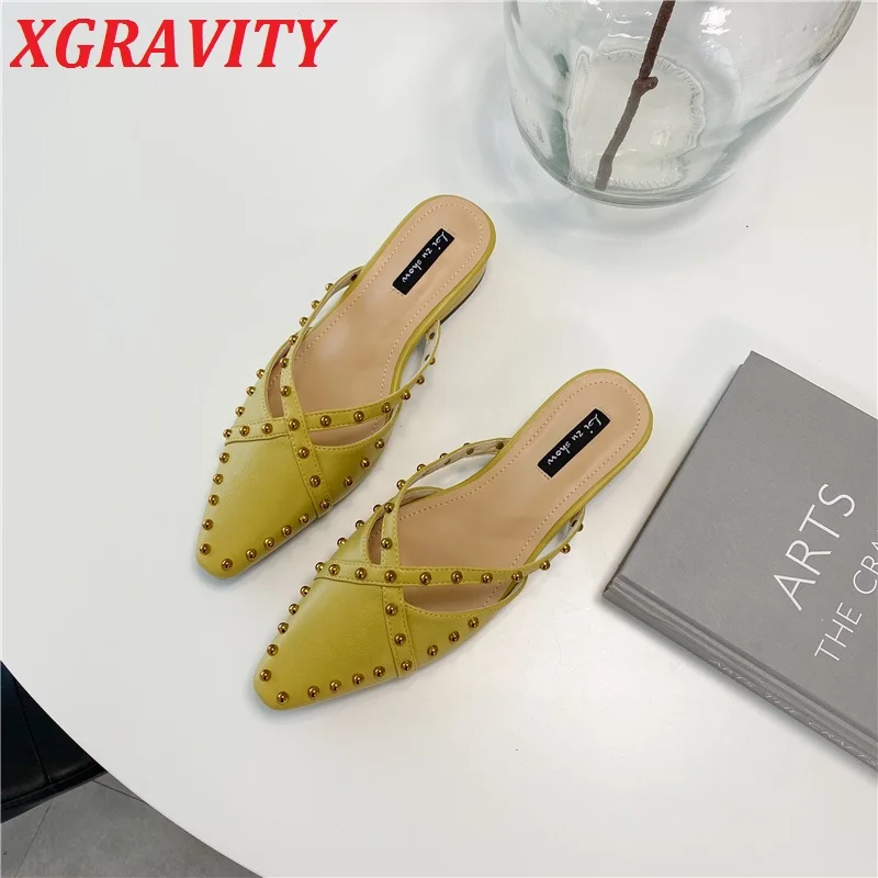 

XGRAVITY Cross V Design Women Rivets Summer Shoes Elegant Suqare Toe Woman Slippers Fashion Ladies Slides New 2021 Footwear Girl