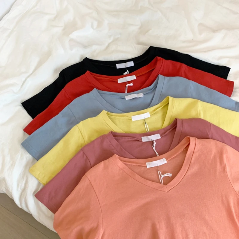

2021 New Womens Cotton T-Shirt Pure Color Short Sleeve Women T shirt For Female Slim Tops V-neck Woman T shirts Clothing