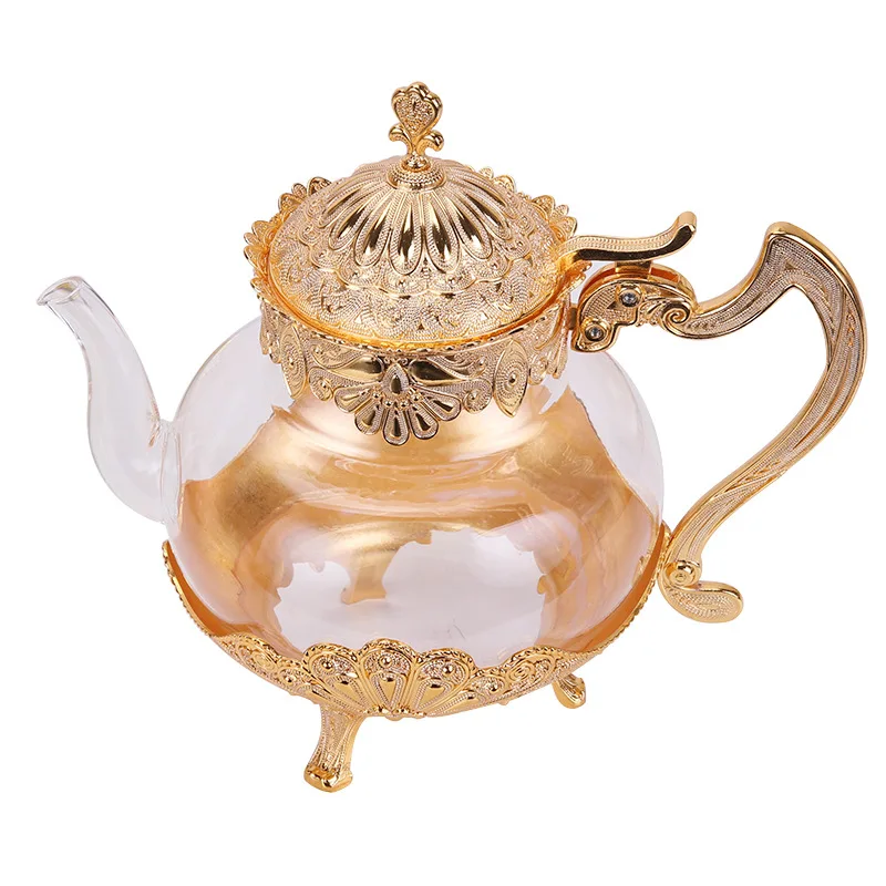 

1000ml European Style Glass Teapot Gold Metal Household Teaware Heat Resistant High Temperature Infuser Milk Rose Flower Tea Set