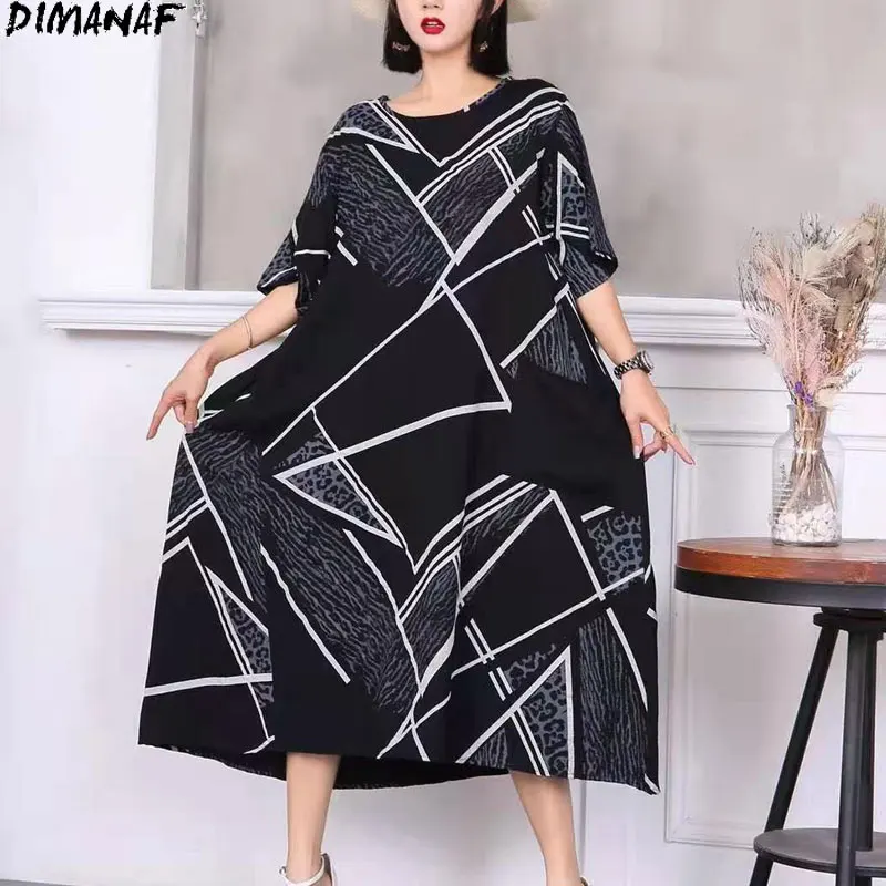 

DIMANAF 2021 Summer Style Dress Women Female Striped Leopard Print Linen Loose O-Neck Vintage Basic Long Casual DressOversize