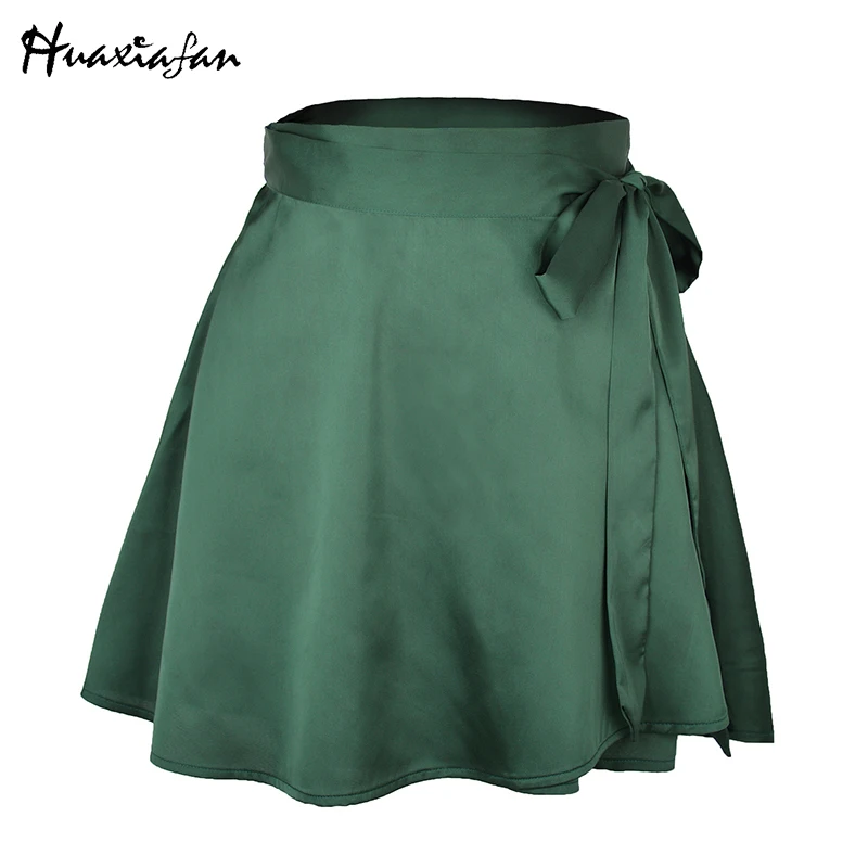 

Huaxiafan Casual Satin Mini Skirt Women Summer Bottom with Sashes Plus Size Y2K Pink Red Chic Party Skirts Female 2021 Clothing