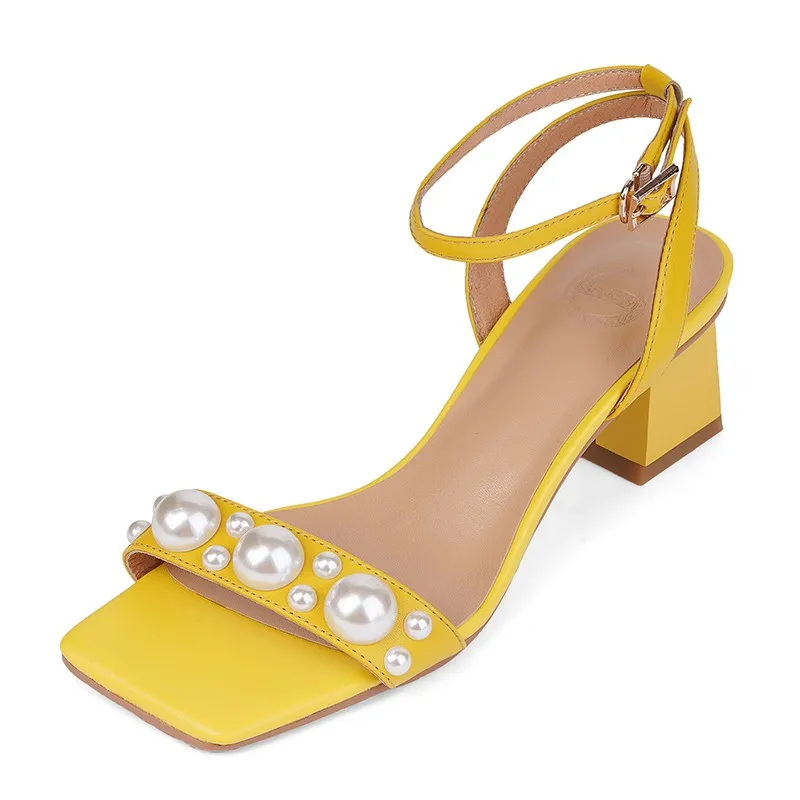 

Classics Yellow Beige Summer Women Sandals Open Toe Natural Leather Pearls Ankle Strap Square High Heels Ladies Party Shoes New