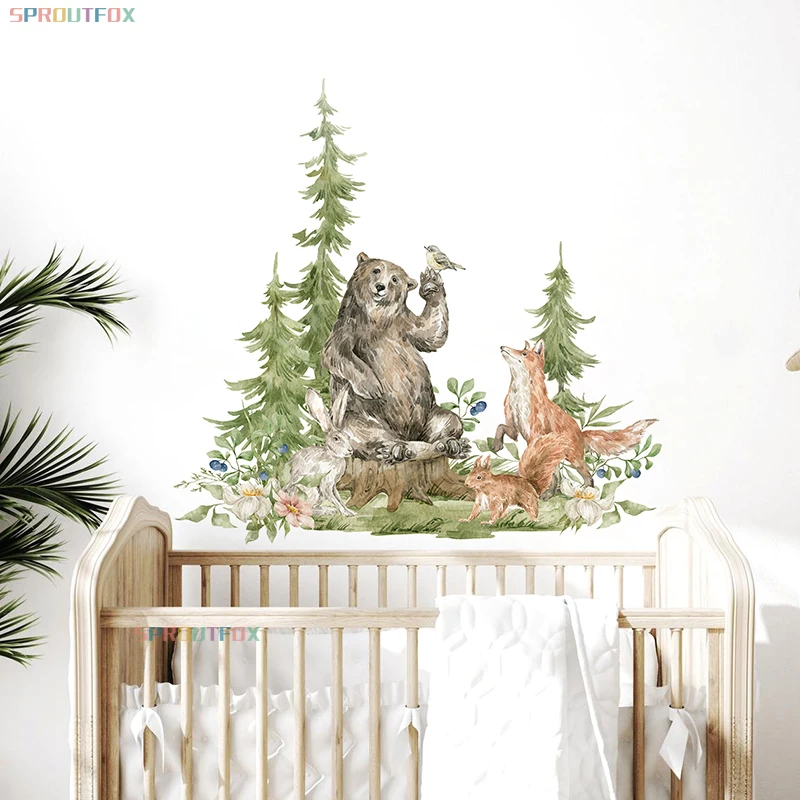 Скандинавский мультфильм Медведь Лиса Наклейка на стену Treen Зеленый Лес Животные