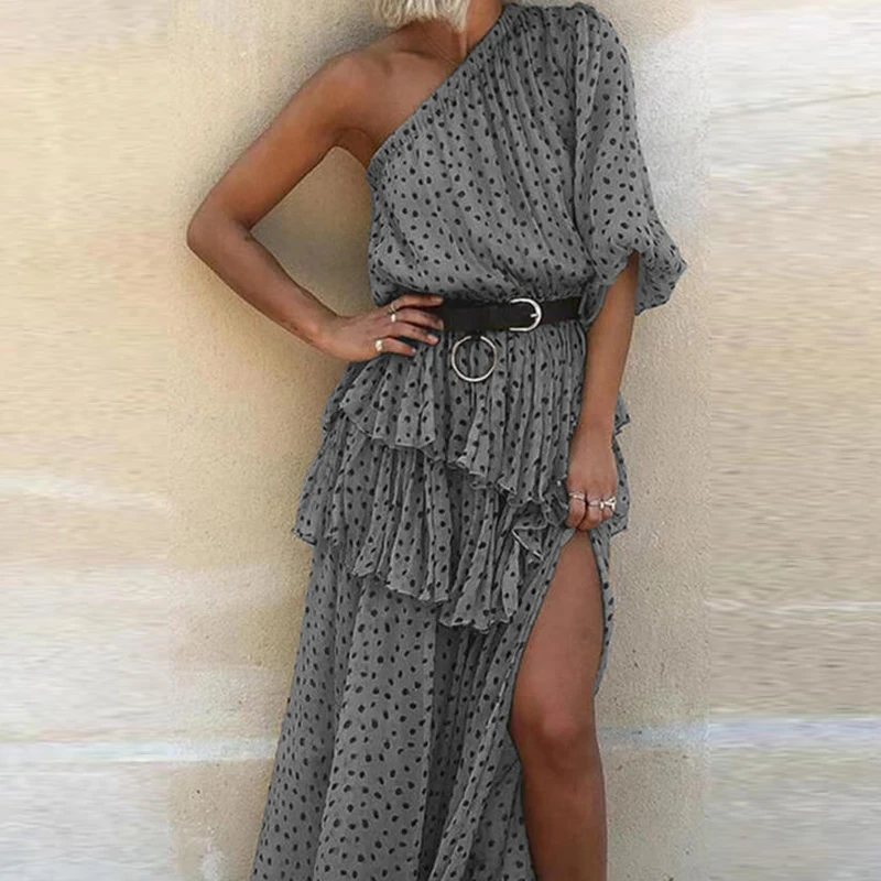 

Sexy Off the Shoulder Women Summer Ruffle Dress Elegant Dot Printing Ladies Party Dress Beach Style Femme Slit Dresses Vestidos