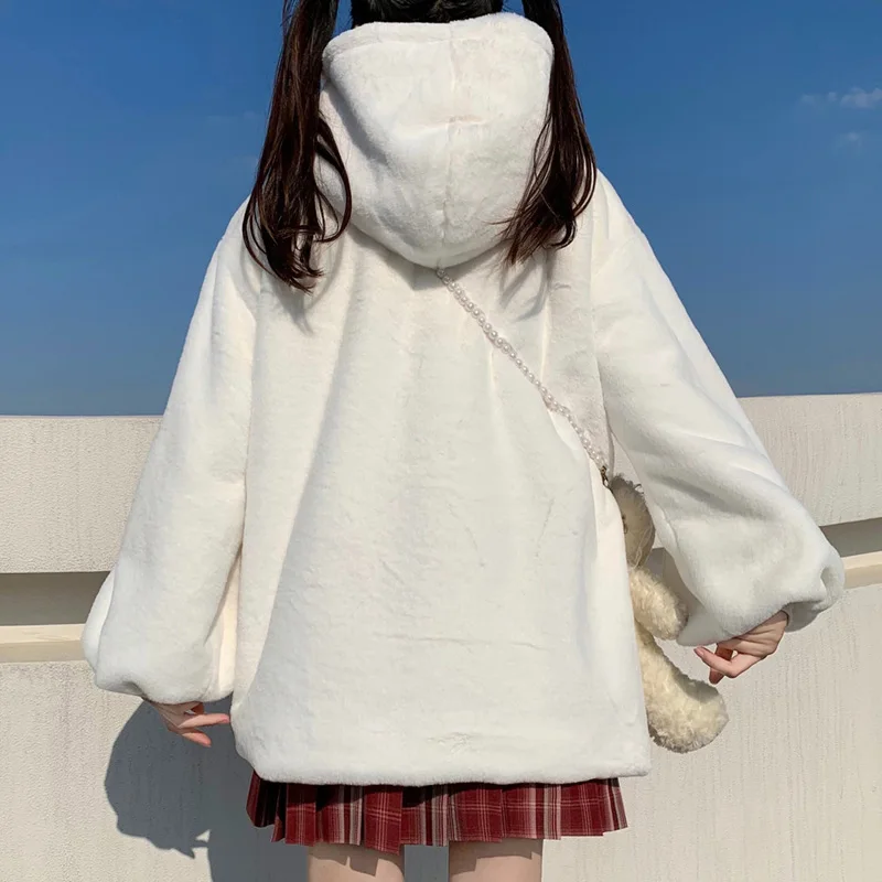 Winter Girl Cute Single-Breasted Thicken Soft Plush Coats For Women Vintage Long Sleeve Kawaii Jacket Jk Lolita Hooded Outweare