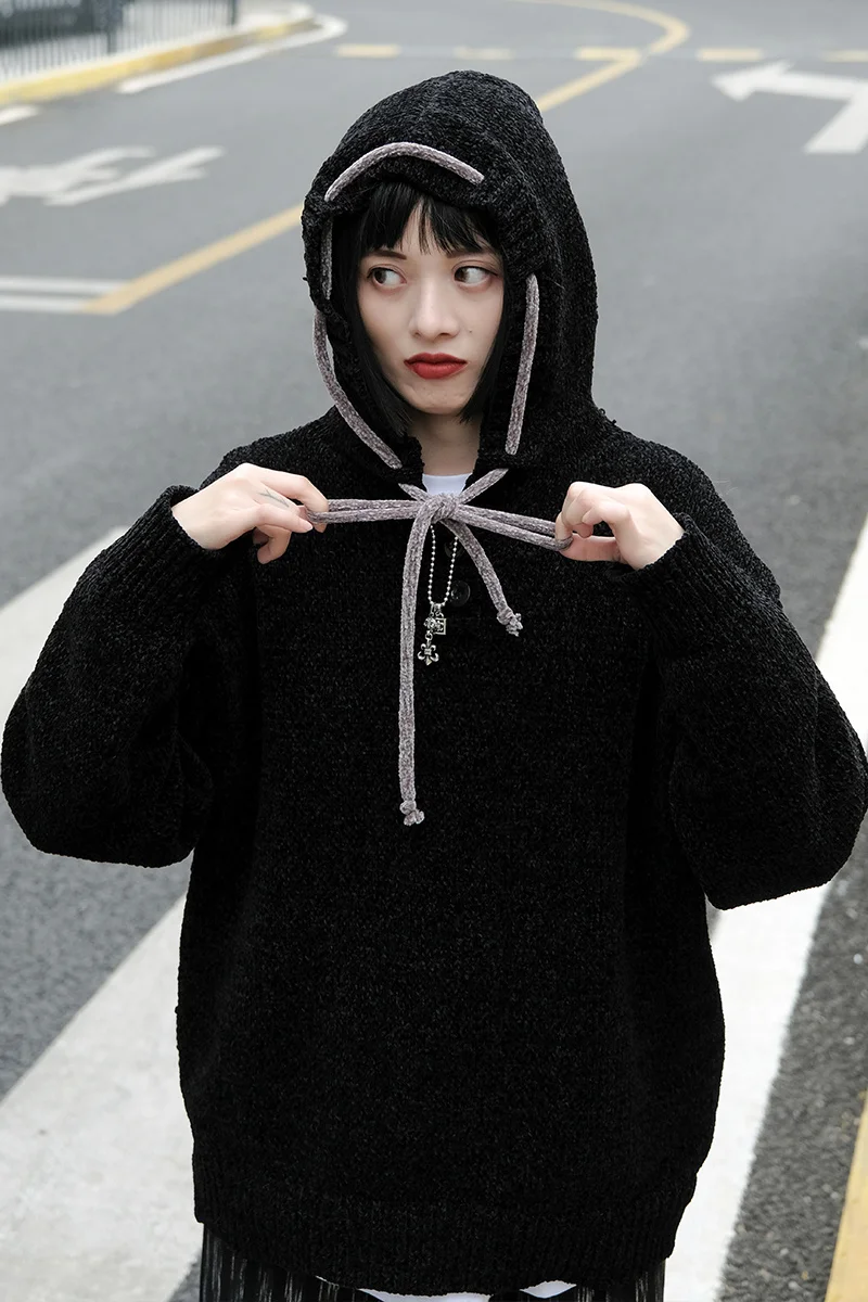 Толстовки Женская синель шляпа веревка Juezi текстура удобный осень зима черный