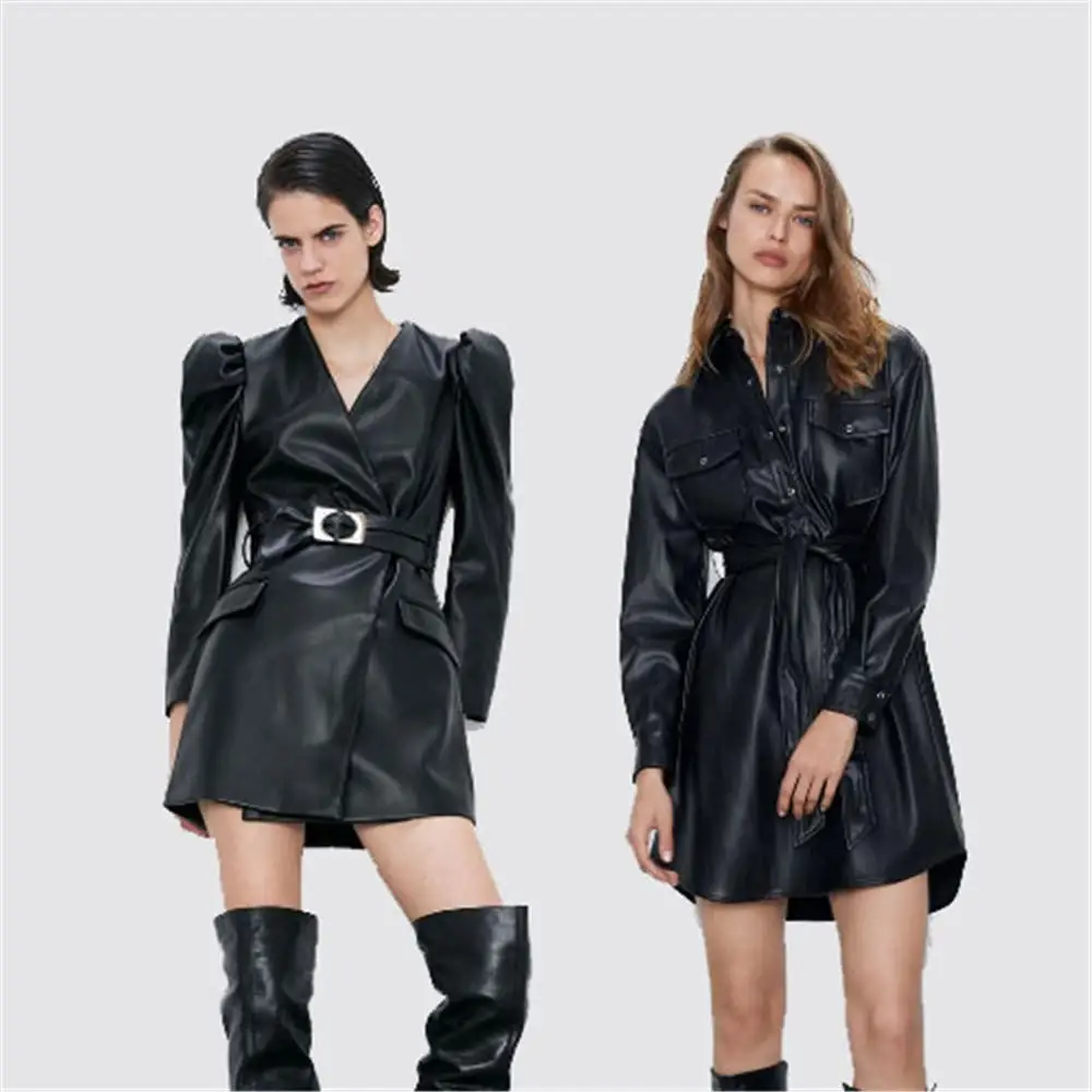 2020 ZA женское платье из искусственной кожи новое весеннее с поясом женские платья