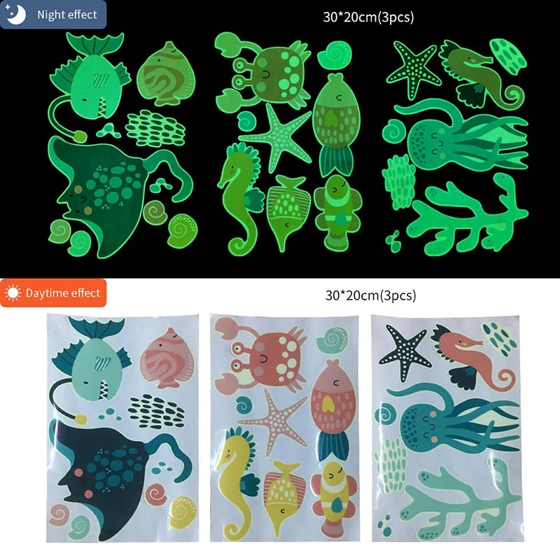 

3Pcs Cartoon Luminous Wall Stickers Marine Life Sticker Kids Bedroom Living Room Fluorescent Decoration Decal DIY Home Decor