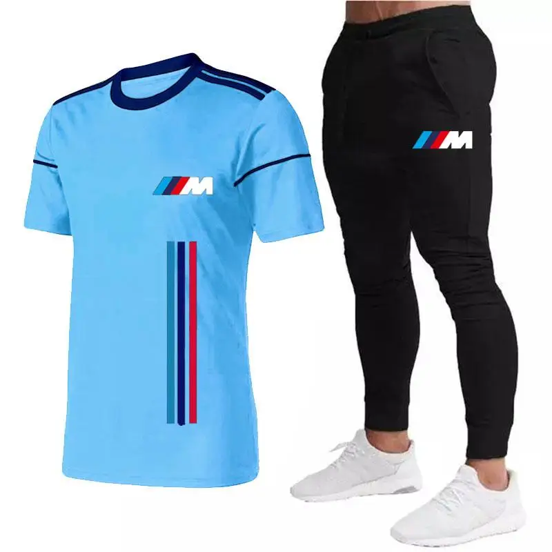 

2021 New BMW M Men's Summer Leisure Sets T-Shirt+pants Two Pieces Casual Tracksuit Male Sportswear Gym Brand Clothing Sweat Suit
