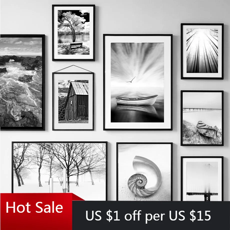 Черный белый цвет лес море Aurora с мостом и лодкой холст картины Nordic печать