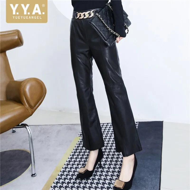 

Casual Women Genuine Leather Flare Pants Elastic High Waist Split Trousers 2021 Spring Office Ladies Black Real Sheepskin Pants