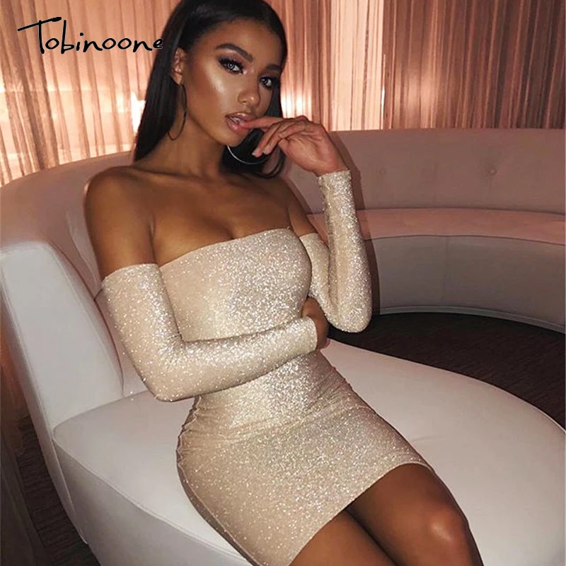 champagne Tobinoone Slash neck bodycon mini dress Long sleeve one piece sexy dress Female autumn winter elegant party club night dress - Цвет: champagne