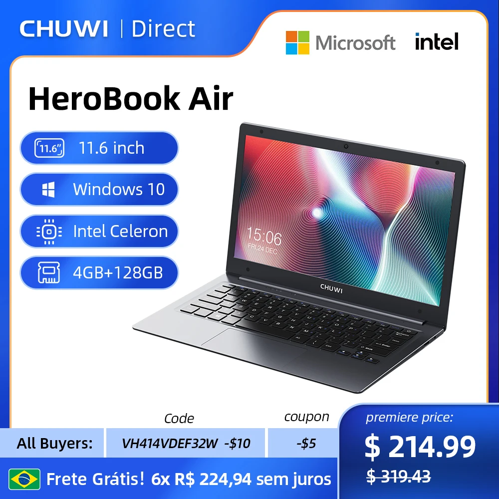

Ноутбук CHUWI HeroBook Air, 11,6 дюйма, 4 + 128 ГБ, Intel Celeron N4020, UHD Graphics 600, Windows 10