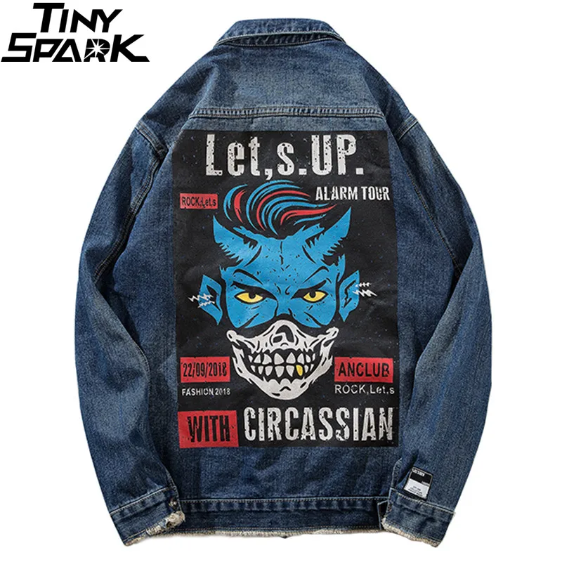 Винтажная джинсовая куртка с принтом сзади Мужская в стиле хип хоп потертостями
