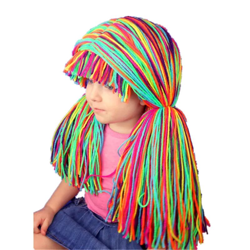 BomHCS Cute Kids Wig Hat Winter Warm 100% Handmade Crochet Knitted Beanie Cap Birthday Gift for Fun