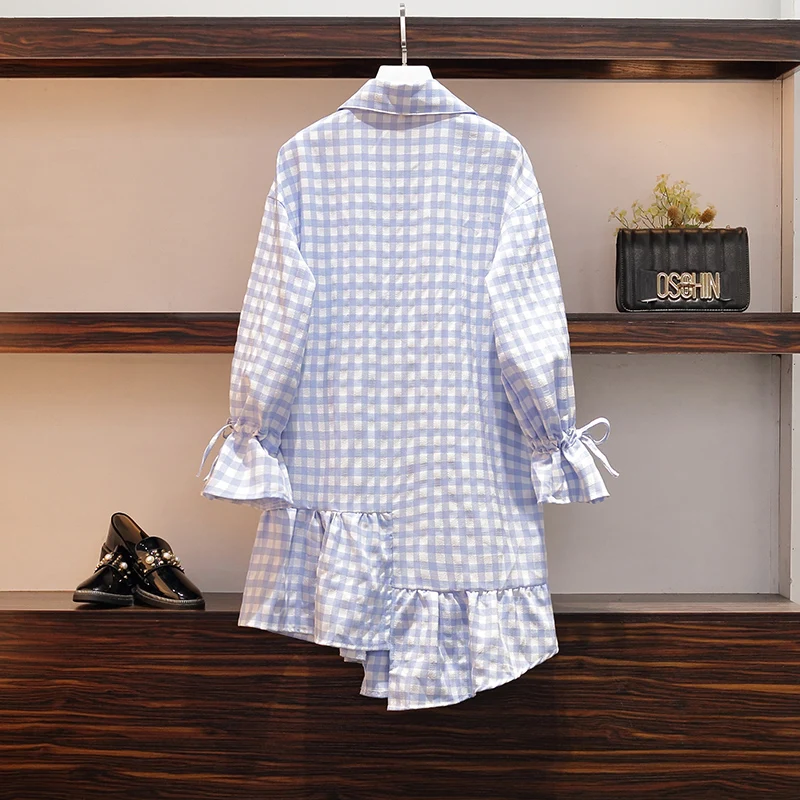 2020 весеннее платье с отложным воротником длинным рукавом в синюю и белую клетку
