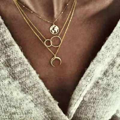 

New Fashion Retro Moon World Map Circle Pendant Multilayer Gold Color Necklace Party Charm Jewelry Accessories For Women