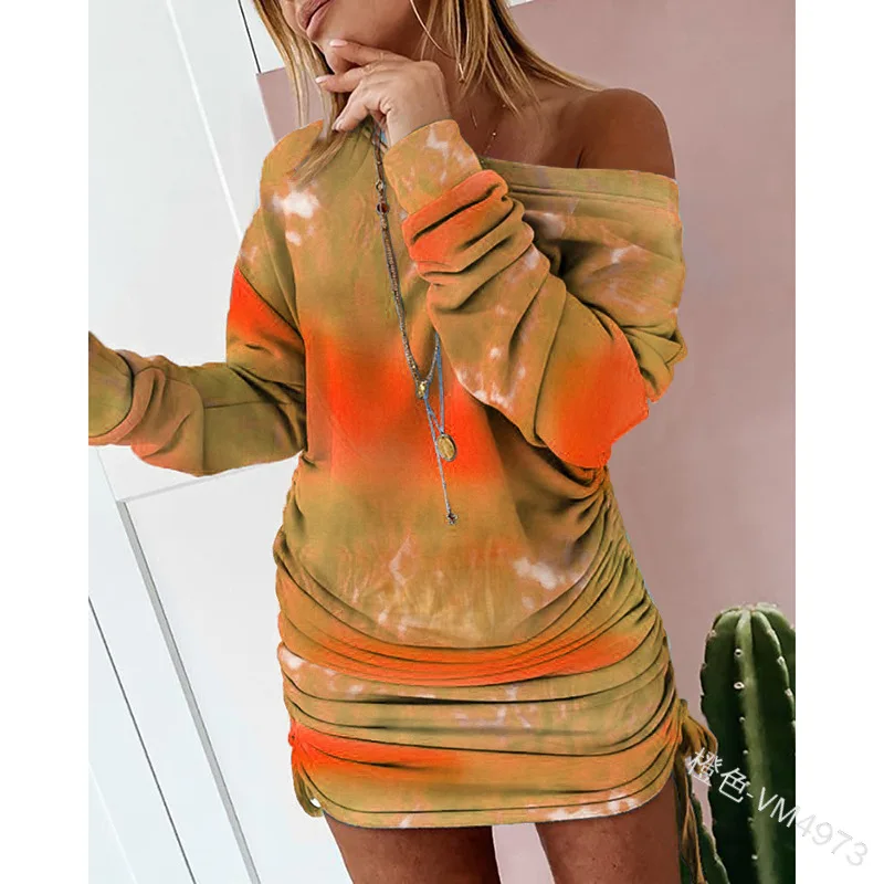 

Mandylandy Dress Summer Fashion Slim Fit Lace Up Pleated Slash Neck Dress Women's Sexy Tie-Dye Print Long Sleeve Dress