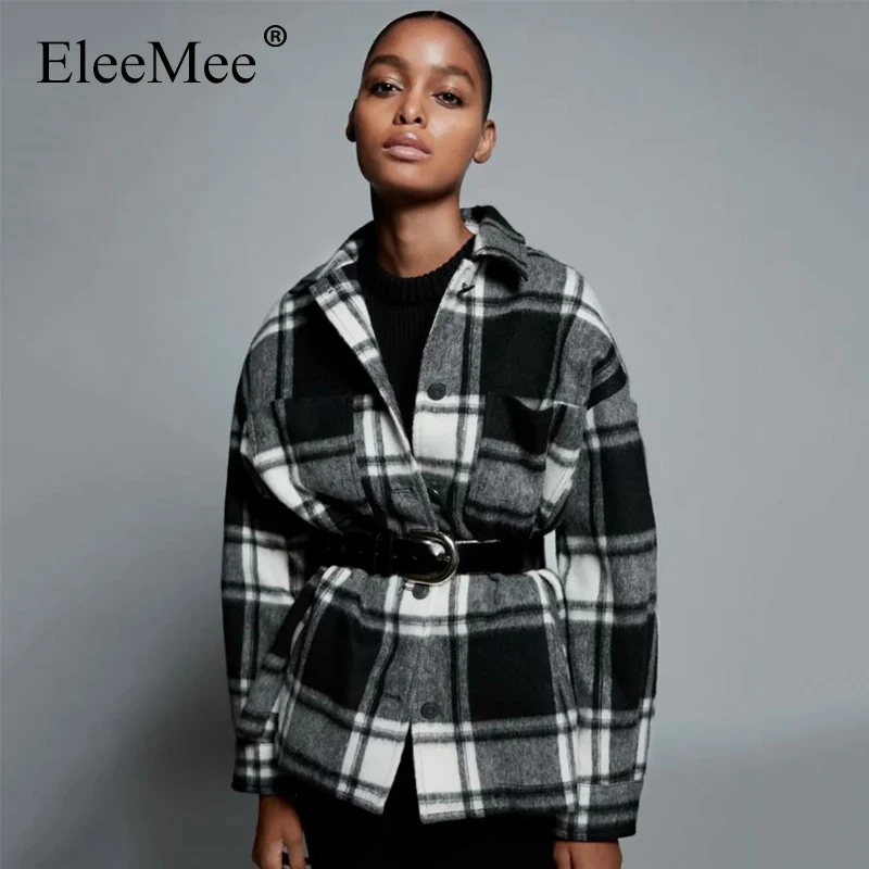 

EleeMee Winter Shirt For Women Plaid Casual Daily Ins All Match Coat Single Breasted Ins Fashion Female Tops Size Xs-L