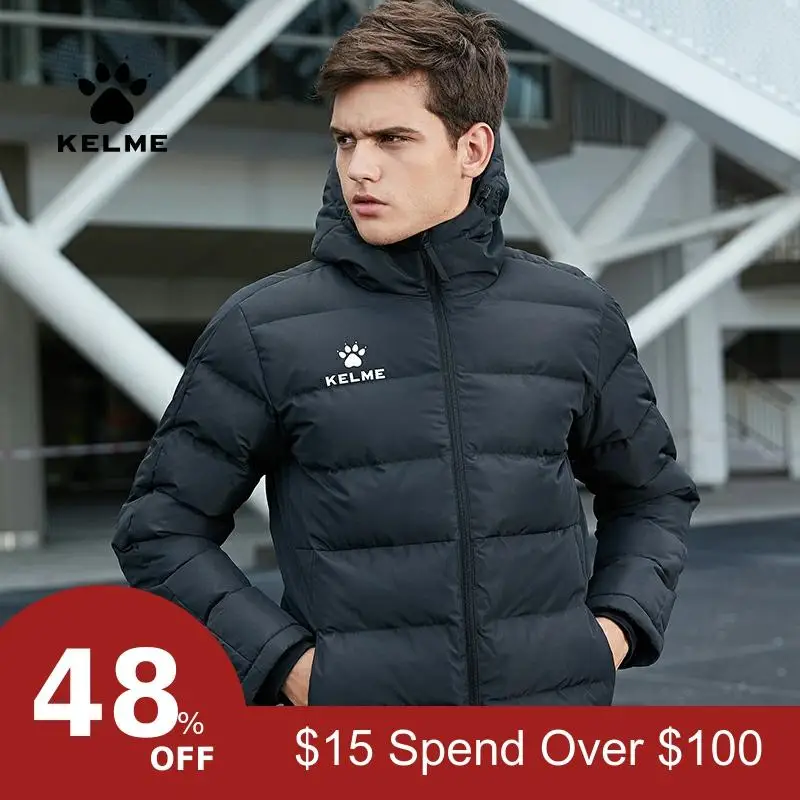 KELME мужская футбольная тренировочная куртка с капюшоном, зимнее теплое пальто, спортивная куртка для тренировок, бега, футбола, 3881405