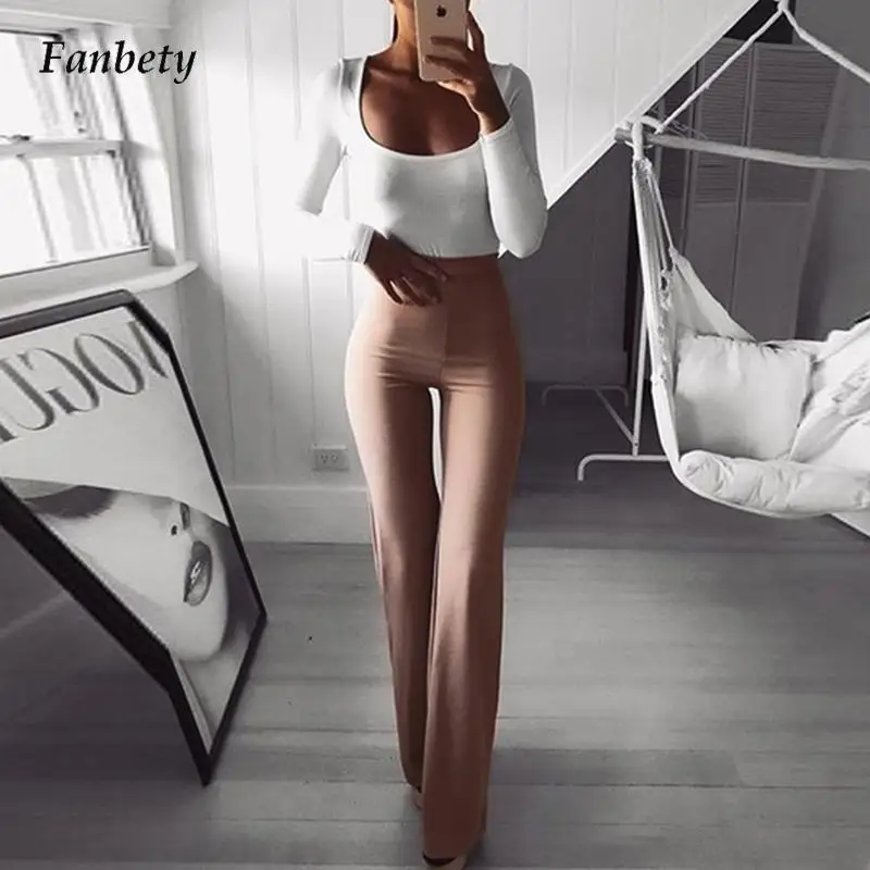 

Модные длинные брюки с высокой талией, женские новые повседневные эластичные тонкие широкие брюки, весна-осень 2021, женские элегантные однот...