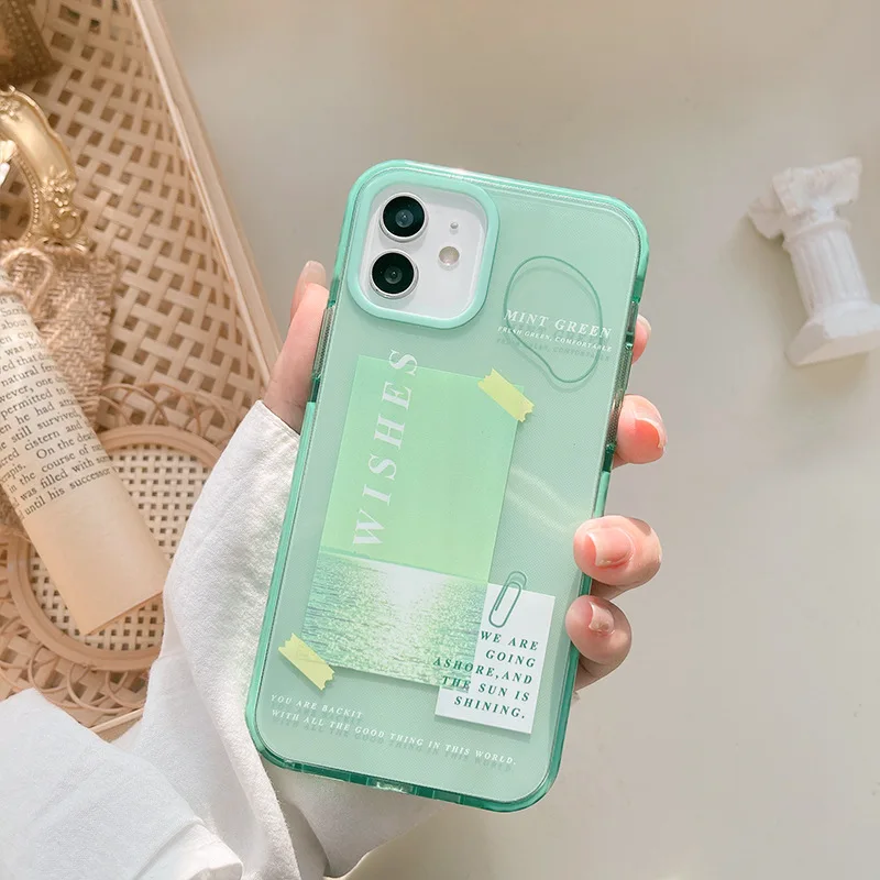 art letter label korean mint green phone case for iphone 12 11 pro max x xs max xr 7 8 puls se 2020 cases clear soft tpu cover free global shipping