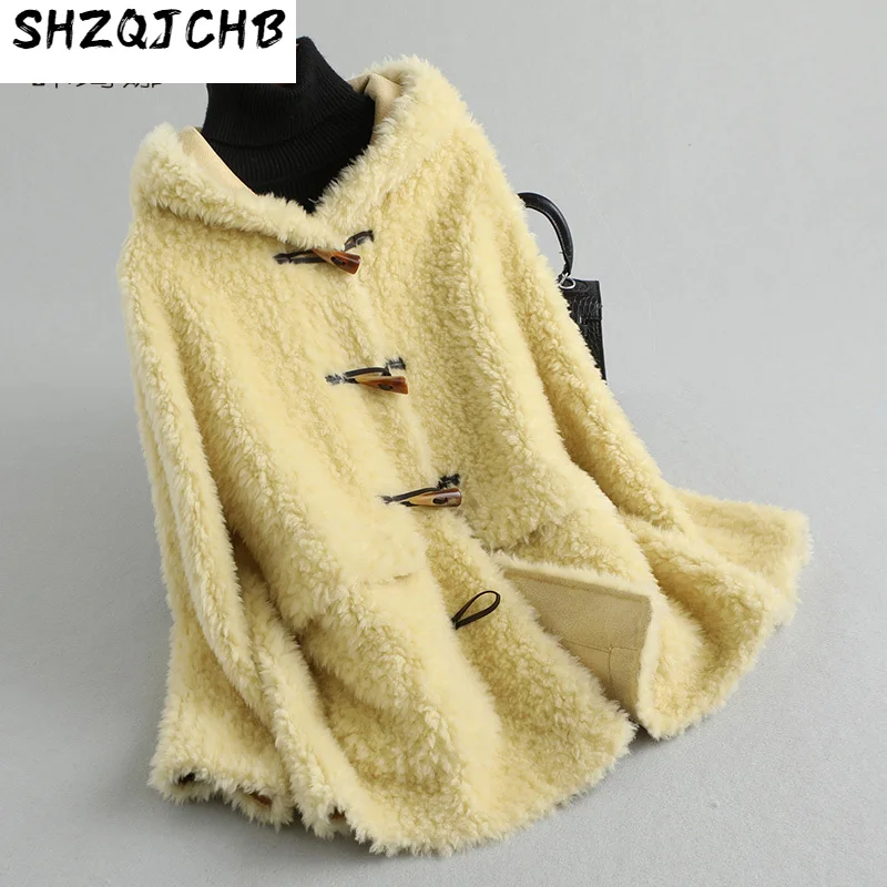 

Шерстяное меховое пальто SHZQ, женское короткое Композитное меховое цельнокроеное однотонное пальто с капюшоном, меховое пальто