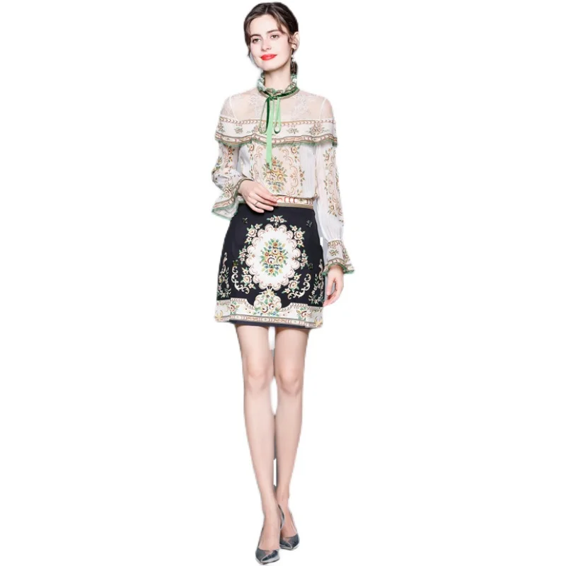 

Summer Fashion New Printed Skirt Sets Vintage Stand Collar Lace Horn Long Sleeve Shirt Two Piece Set Women Clothes