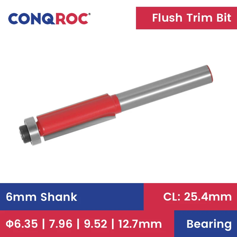 

6mm Shank Flush Trim Router Bit with Top Bearing 4-Option Cutting Length-25.4mm Wood Template Milling Cutter Pattern Bit