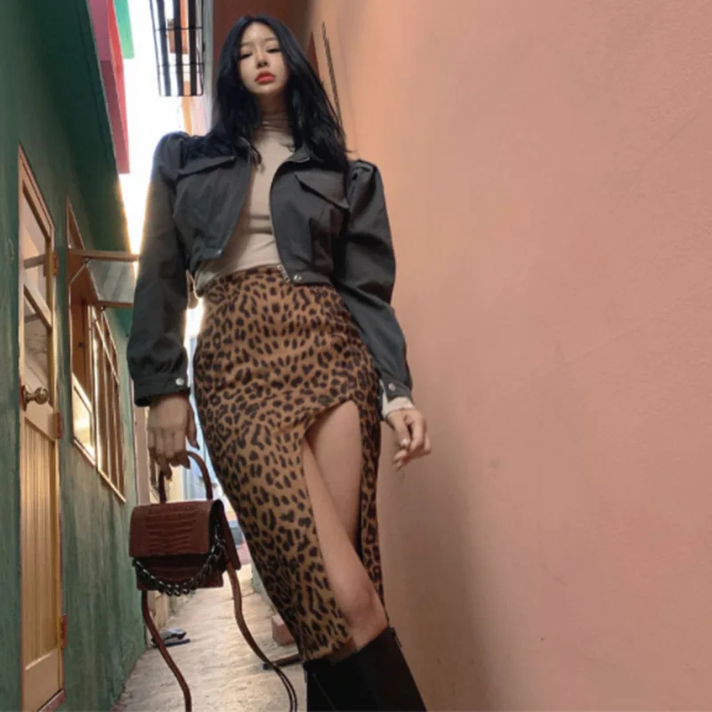 

Leopard print front slit short sheath skirt 28442S leopard print A- line temperament commute slim-fitting patchwork suede skirt