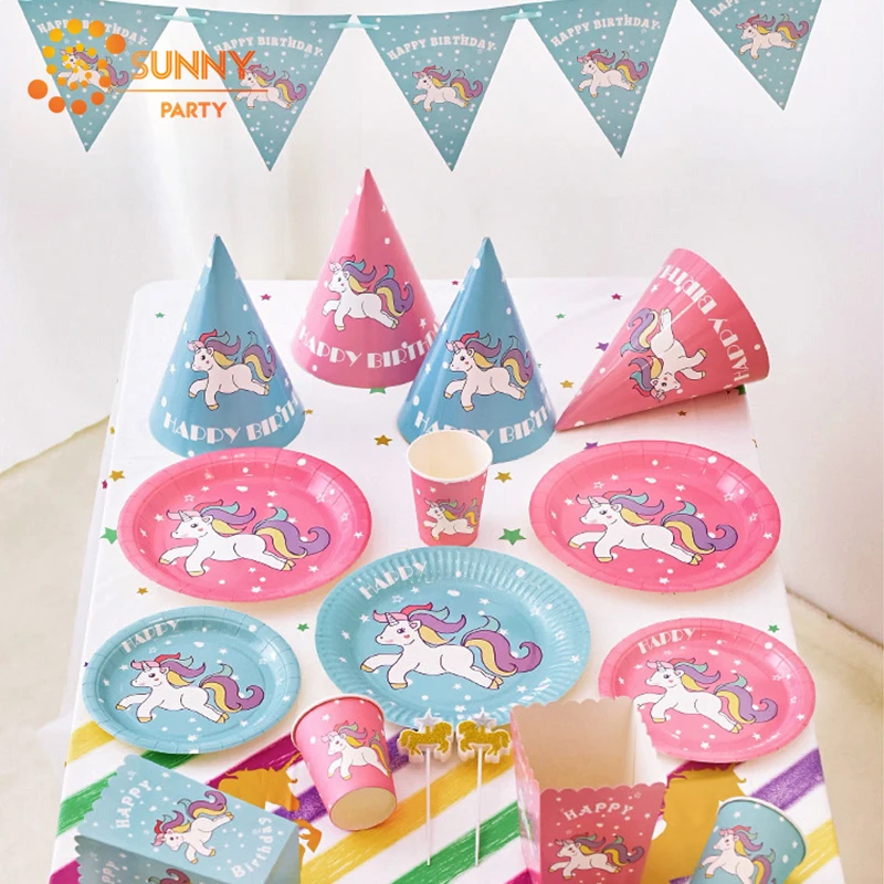 Розовый синий одноразовый набор посуды Единорог вечерние принадлежности