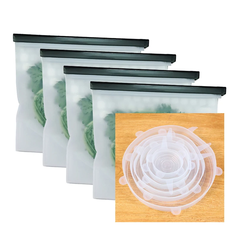 

4PCS Food Silicone Fresh Bag+6pcs Reusable Silicon Stretch Lids/Sandwiches Marinades Storage Bags