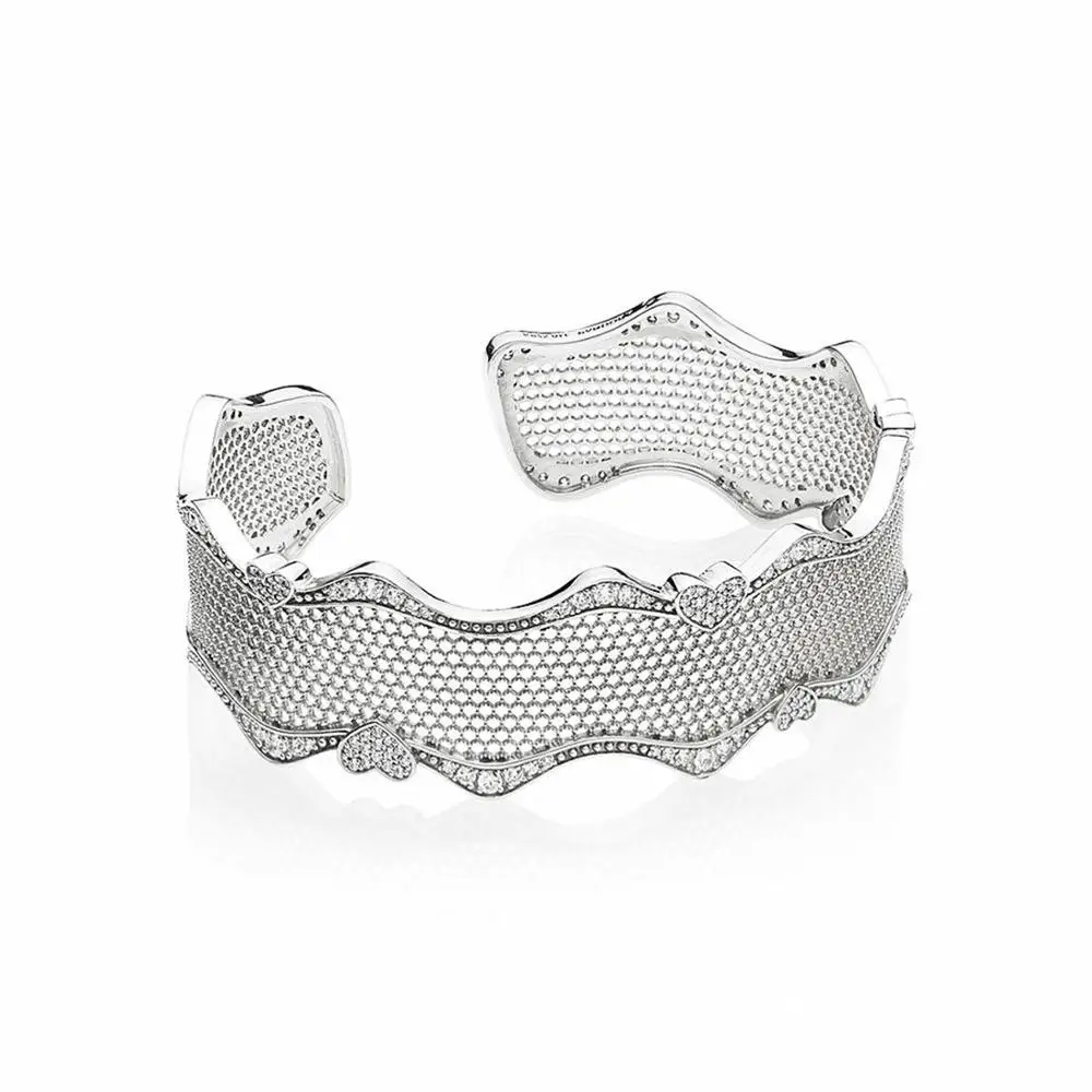 

100% 925 Sterling Silver Fit Classic Hearts Lace Cuff Bangle Women Charm Fashion Jewelry Free Shipping Wholesale