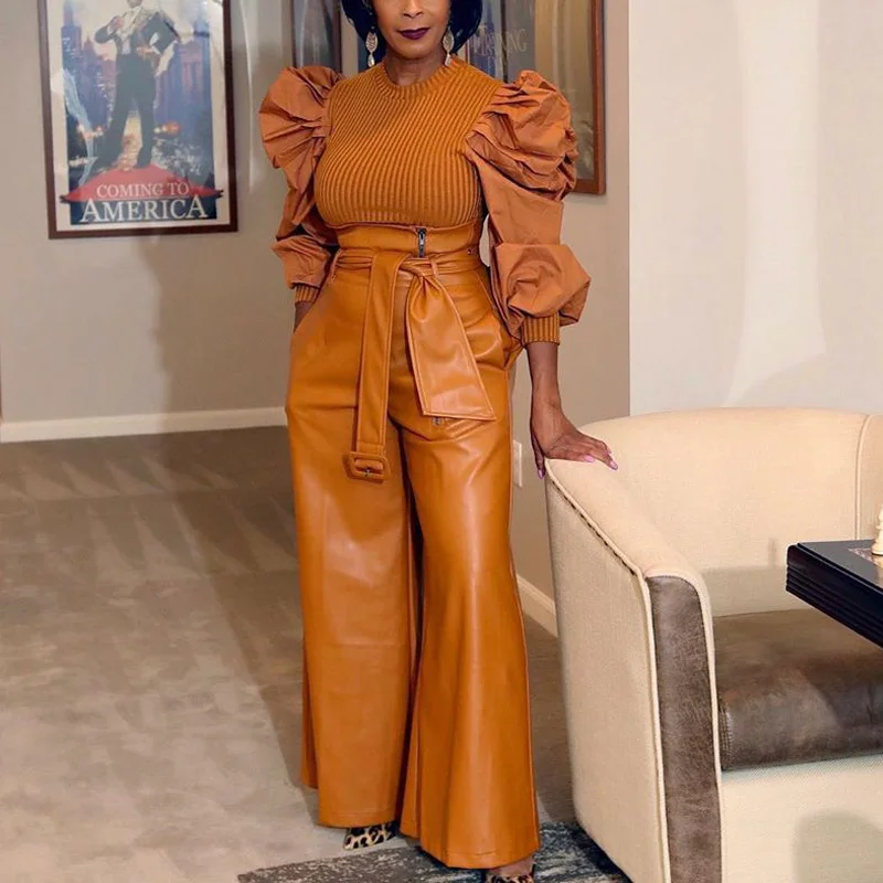 

Брюки из искусственной кожи с высокой талией, женские классические брюки с широкими штанинами на осень и зиму