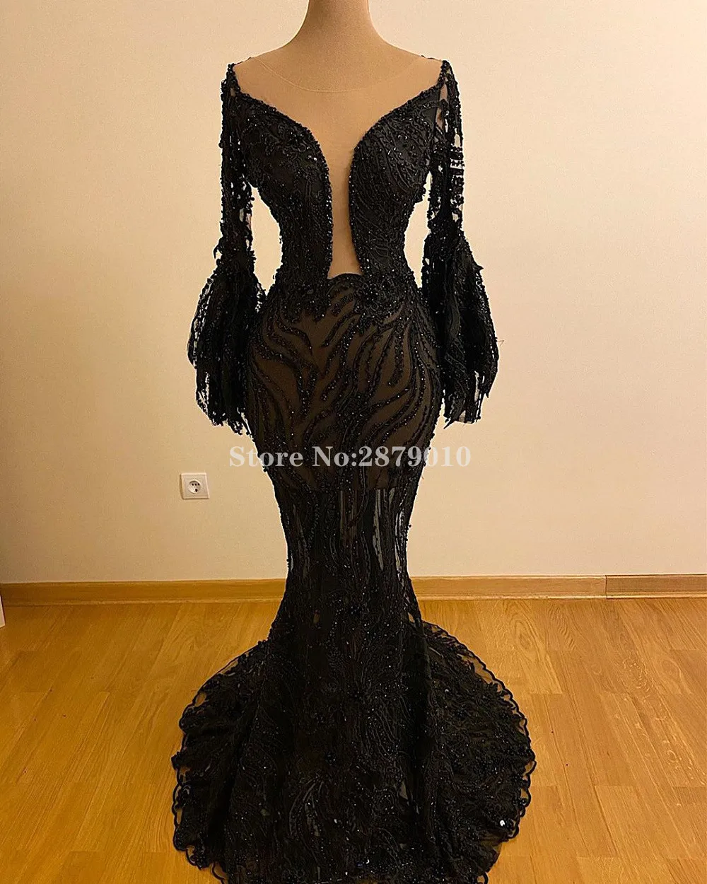 

Illusion Arabic Black Luxury Beaded Stones Mermaid Evening Dress Floor-Length Long Sleeves Prom Dress Formal Party 2020 Dubai