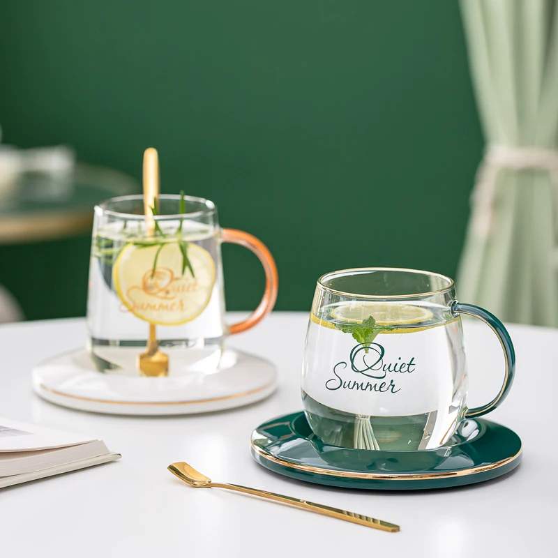 

Fashion Light Luxury Glass Coffee Cup Ceramic Saucer With Spoon Office Flower Teacup Summer Drinkware Best Gift